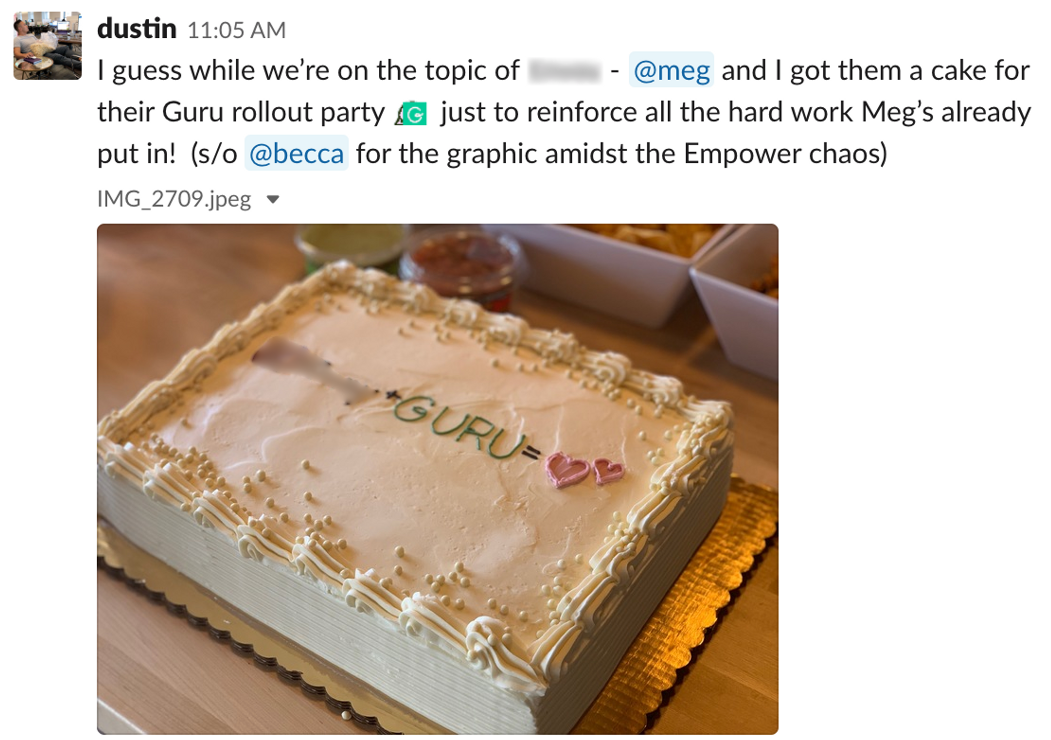 Screenshot of internal Slack message at Guru